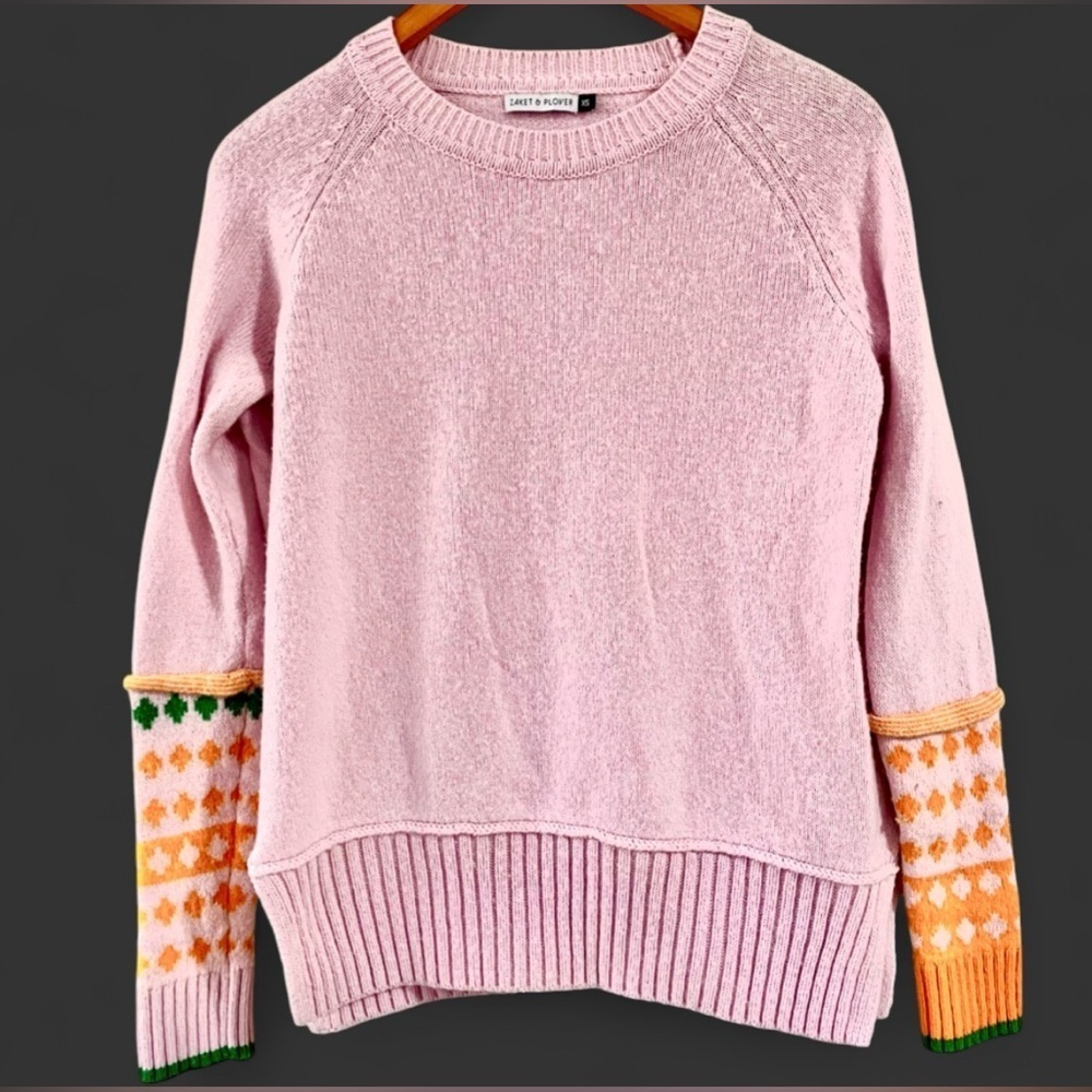 Zakét & Plover Pink Merino Wool Sweater XS Colorblock Orange Green Knit Top EUC